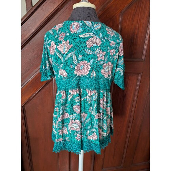 Torrid Super Soft Floral Lace-Trim Babydoll Top Teal & Pink Size 00 - Picture 3 of 9